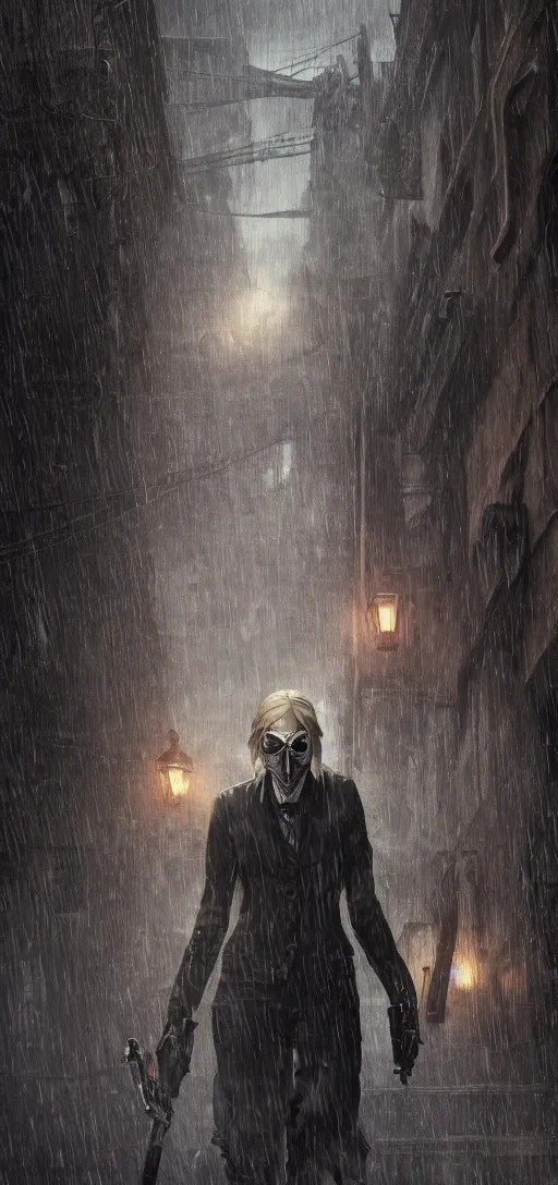 Image similar to annie leonhart in dunwall city wearing corvo attano's mask, redshift render, cinematic lighting, rainy weather, melancholy atmosphere, dunwall city, volumetric light, octane render, dishonored game, dishonored 1, gothic architecture, realistic reflections, octane render 8 k, view from air