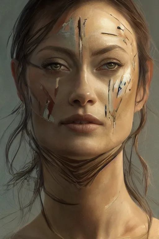 Prompt: a professionally painted portrait of Olivia Wilde, clothed in ancient battle armor, olive skin, long dark hair, beautiful bone structure, symmetrical facial features, scar across face, intricate, elegant, digital painting, trending on Artstation, concept art, smooth, sharp focus, illustration, from Metal Gear by Ruan Jia and Mandy Jurgens and Artgerm and and william-adolphe bouguerea, award winning