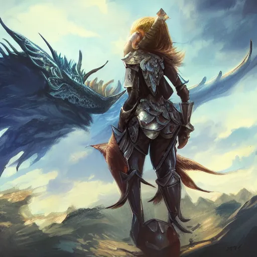 Image similar to breathtaking detailed concept art drawing of teenage girl in armor standing on the back of a dragon, art stand trend, very bright lights, ultra wide angle, 4 k