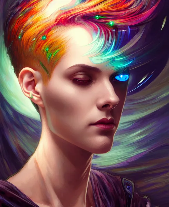 Image similar to a whirlwind of souls rushing inside the metaverse, half body, jewelry, fashionable short haircut, android, cyborg, cyberpunk face, by loish, d & d, fantasy, intricate, elegant, highly detailed, colorful, vivid color, digital painting, artstation, concept art, art by artgerm and greg rutkowski and alphonse mucha