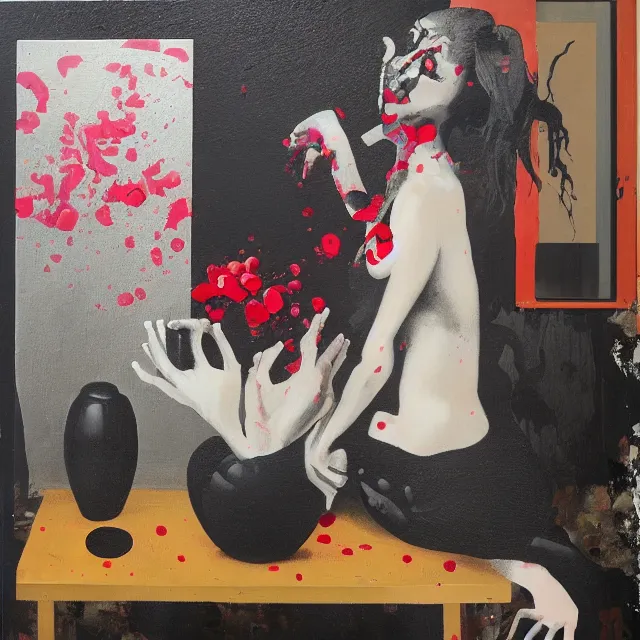 Image similar to empty room with black walls, sensual portrait of a woman, japanese vase, spilled flowers, puddle of water, octopus, squashed berries, neo - expressionism, surrealism, acrylic and spray paint and oilstick on canvas