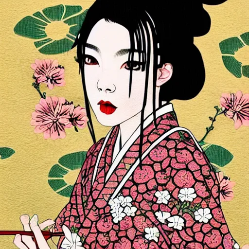 Image similar to beautiful japanese fashion model female in ramen clothes portrait in the style of art nouveau anya taylor - joy