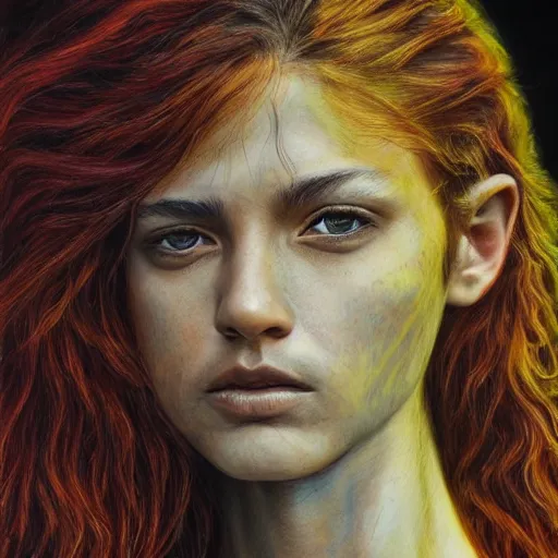 Prompt: Intricate five star Fire Sprite portrait by Anna Kullberg, Colored pencil on paper, high detail, skin texture, photo realistic, hyperrealism,matte finish, high contrast, 3d depth, masterpiece, vivid colors, artstationhd