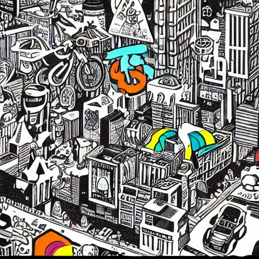 Image similar to kidpunk city, mcbess illustration, rainbow gouache