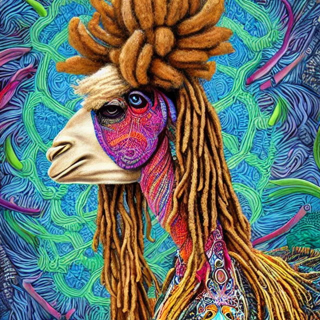 Image similar to llama with dreadlocks, colorful, detailed by ernst haeckel, artgerm, james jean