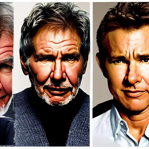 Prompt: the face of a succesful man: Harrison Ford/Tom Hanks/Tom Cruise/Ryan Reynolds, highly detailed uncropped full-color epic corporate portrait photograph. best corporate photoraphy photo winner, meticulous detail, hyperrealistic, centered uncropped symmetrical beautiful masculine facial features, atmospheric, photorealistic texture, canon 5D mark III photo, professional studio lighting, aesthetic, very inspirational, motivational