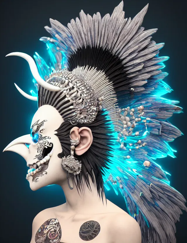 Image similar to 3 d goddess close - up profile portrait punk with mohawk with ram skull. beautiful intricately detailed japanese crow kitsune mask and clasical japanese kimono. betta fish, jellyfish phoenix, bio luminescent, plasma, ice, water, wind, creature, artwork by tooth wu and wlop and beeple and greg rutkowski