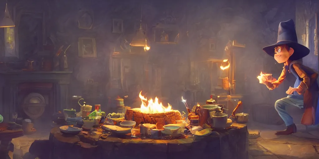 Prompt: a wholesome animation key shot of wizard with a hat coocking the magical brew that emmits sparklings in pot at fireplace, medium shot, pixar and disney animation, sharp, rendered in unreal engine 5, anime key art by greg rutkowski, bloom, dramatic lighting