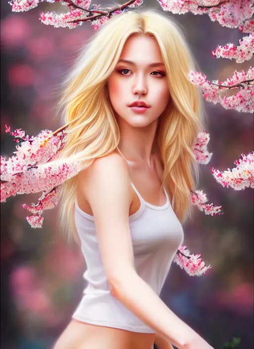 Image similar to photo of a gorgeous blonde female in the style of stefan kostic, realistic, half body shot, sharp focus, 8 k high definition, insanely detailed, intricate, elegant, art by stanley lau and artgerm, extreme blur cherry blossoms background