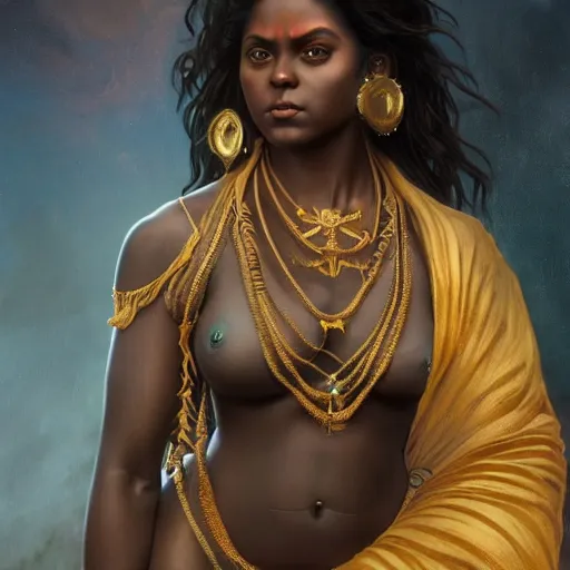 Image similar to full body painting of a black muscular south indian woman, sari, ultra realistic, concept art, intricate details, eerie, horror, highly detailed, photorealistic, octane render, 8 k, unreal engine. art by artgerm and greg rutkowski and alphonse mucha