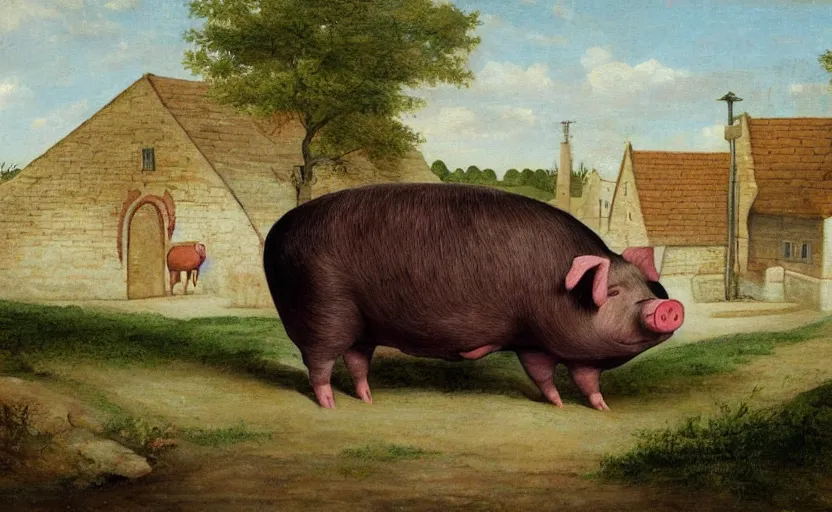 Prompt: painting of a huge pig walking over a village