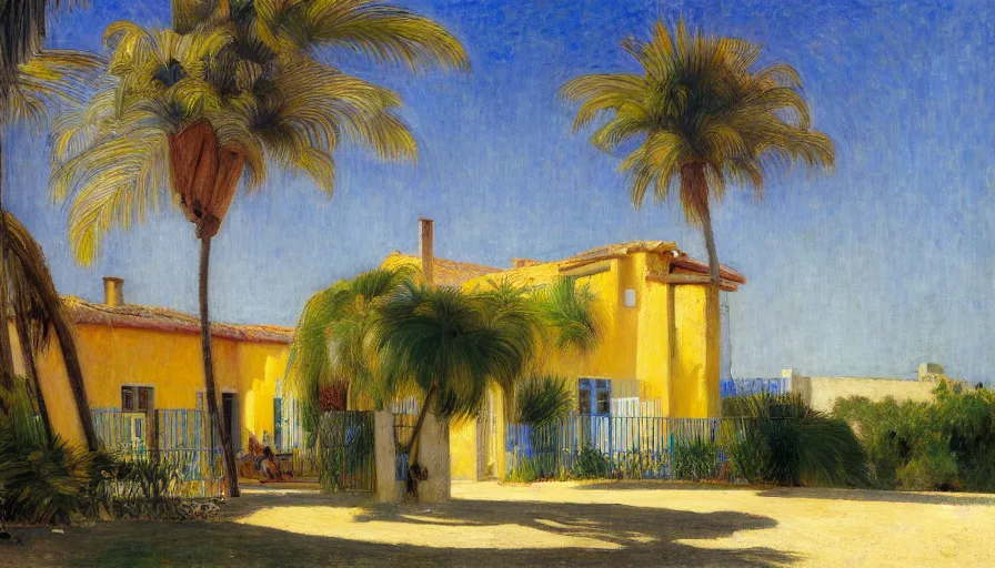 Image similar to a house designed by jules bastien - lepage, tarsila do amaral, frank weston and gustave baumann, beach, trending on artstation, mediterranean, palm trees, sharp focus, colorful refracted sparkles and lines, soft light, 8 k 4 k