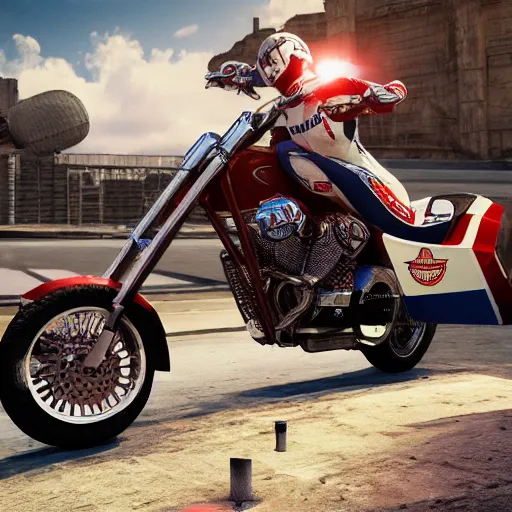 Image similar to evel knievel jumping over vehicles on harley davison 3 d studiomax, maya 3 d, unrealengine, 4 k, 8 k, hdr, extreme render, mind - bending reality, hyper detailed, wide angle ultra - vivid, photo - realistic nikon 3 5 mm, photograph