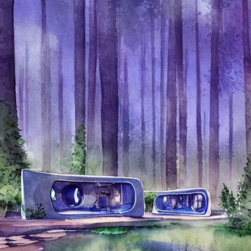 Prompt: beautiful happy picturesque charming organic futuristic sci - fi town of pod homes integrated in a forest area. water and trees. beautiful light. grainy and rough. soft colour scheme. beautiful artistic detailed watercolor by lurid. ( 2 0 2 2 )