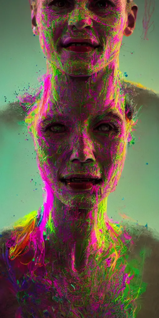 Image similar to impossibly beautiful portrait, single face, dapper dream demon, bad trip, insane smile, intricate complexity, surreal horror, inverted neon rainbow drip paint, trending on art station, photoreal, 8 k, octane render by greg rutkowski