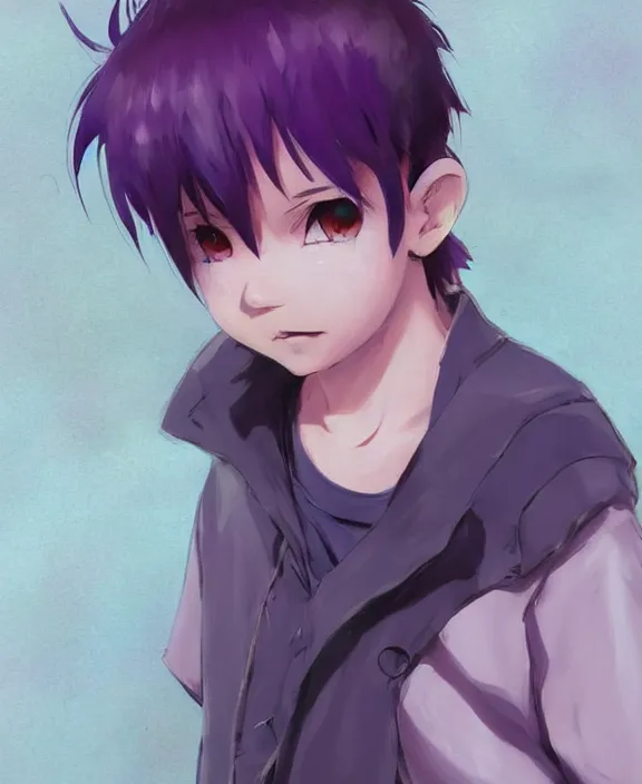 Prompt: cute little boy with purple hair anime character inspired by jason voorhees, art by rossdraws, wlop, ilya kuvshinov, artgem lau, sakimichan, jakub rebelka and makoto shinkai, anatomically correct, extremely coherent, highly detailed, sharp focus, slasher movies, smooth, very realistic, symmetrical