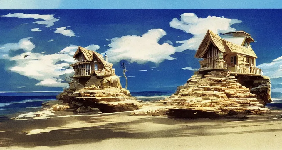 Image similar to concept art, tiny seashell house where a hermit girl lives, atmospheric cinematography by syd mead