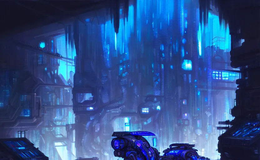 Image similar to cyberpunk factory in a dark cave, blue crystals, hyper detailed, realistic, intricate, concept art by frank hong, mate painting, artstation