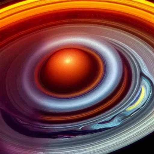 Prompt: new pictures from NASA; saturns rings falling onto itself and exploding into a rainbow glitter wormhole, viewed from afar with very pretty tones inspired by the best oil paintings there are