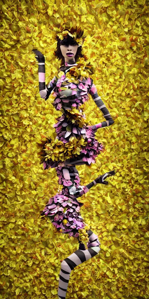 Prompt: an anthromorphic beautiful bee woman wearing striped couture made out of wax and paper and flower petals, running in a papercraft field of flowers, trending on Art Station, 3D, octane render,