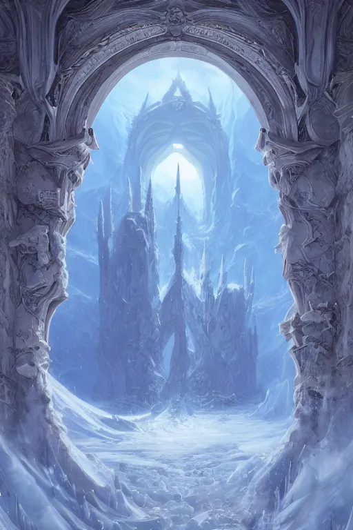 Prompt: massive ornate gateway set in a dreamy beautiful fantasy landscape. The gateway leads to a frozen realm which is visible through the gateway. Noah Bradley. Zaha Hadid. Digital art. Very detailed. Trending on artstation.