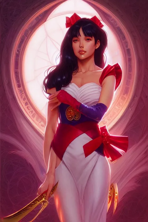 Image similar to Sailor Mars, fantasy, intricate, elegant, highly detailed, digital painting, artstation, concept art, matte, sharp focus, illustration, art by Artgerm and Greg Rutkowski and Alphonse Mucha