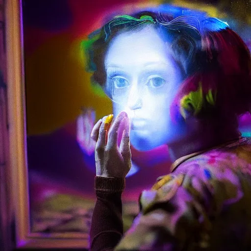 Image similar to A painting. A rip in spacetime. Did this device in her hand open a portal to another dimension or reality?! deep yellow by Rachel Maclean, by Carl Holsoe Sigma 85mm f/1.4