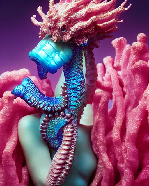 Image similar to natural light, soft focus portrait of a cyberpunk anthropomorphic seahorse with soft synthetic pink skin, blue bioluminescent plastics, smooth shiny metal, elaborate ornate head piece, piercings, skin textures, by annie leibovitz, paul lehr