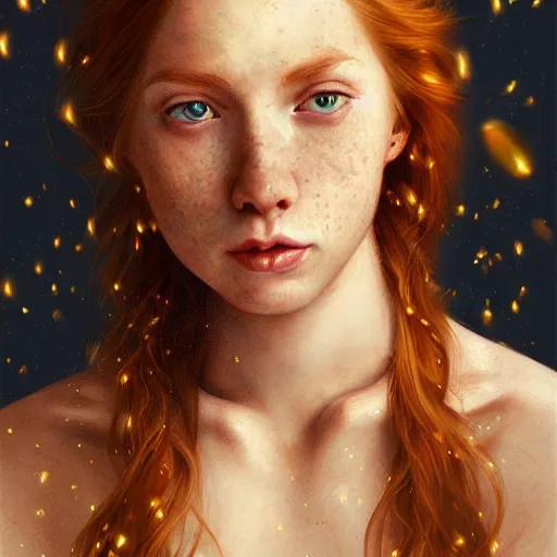 Image similar to highly detailed portrait of a red haired girl, long hair, green eyes, hint of freckles, beautiful round face, soft amazed smiles, among golden fireflies, deep focus, elegant, digital painting, smooth, sharp focus, golden ratio, illustration, ultra realistic, 8 k, art by artgerm and caravaggio