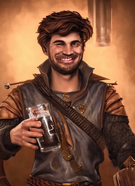 Image similar to An epic fantasy comic book style portrait painting of a handsome young man with brown wavey hair, wearing thief clothing in a tavern and smiling with a wooden tankard in hand, unreal 5, DAZ, hyperrealistic, octane render, cosplay, RPG portrait, dynamic lighting