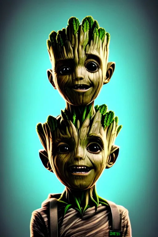 Image similar to duotone concept illustration 3 / 4 portrait of kid face consisting of marijuana, baby groot, cannabis!, high quality 3 d render very cute cyborg crow! incorporated speakers!, cyberpunk highly detailed, unreal engine cinematic smooth, in the style of blade runner & detective pikachu, hannah yata charlie immer, moody light, low angle, uhd 8 k, sharp focus