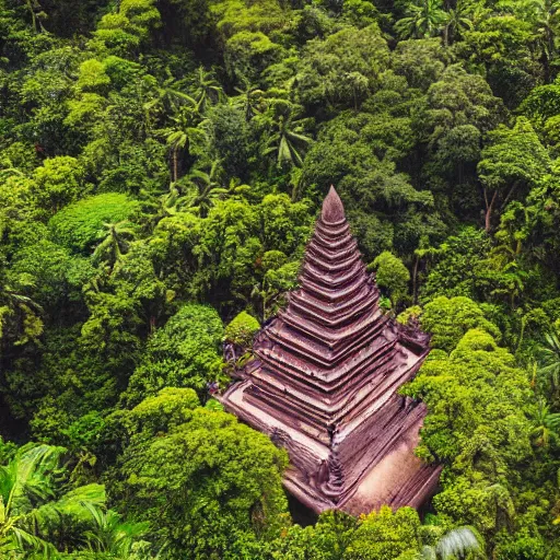 Prompt: aerial hd photograph of indonesian tribe in jungle with temple