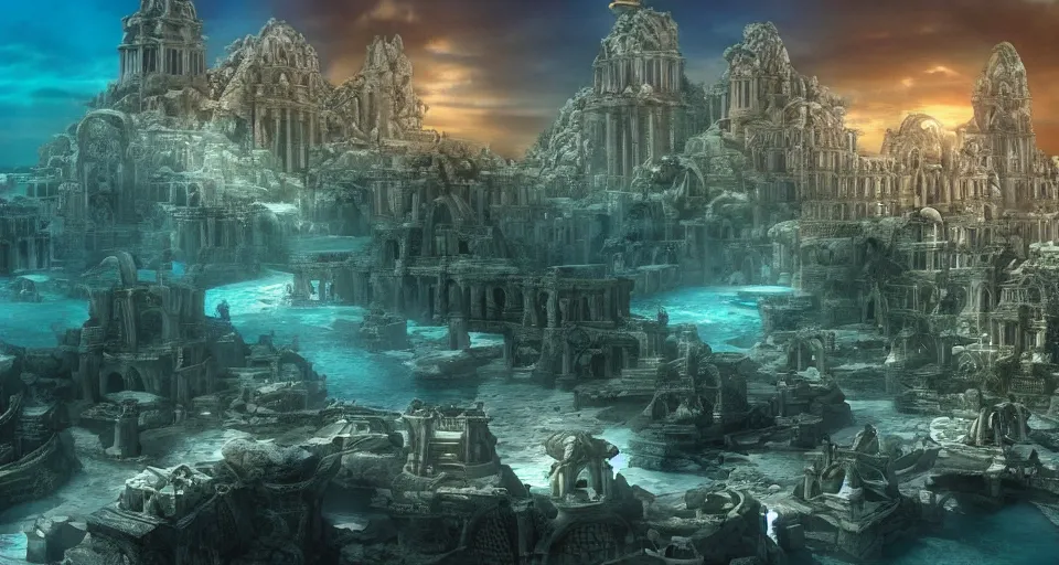 Image similar to the lost city of Atlantis, underwater, epic cinematic view, epic lighting, fully built buildings, white marble, hyper detailed, 4K