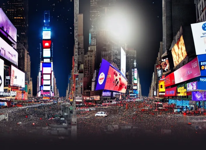 Image similar to film still of the moon shattering into pieces over time square in the new disaster movie, 8 k, night time