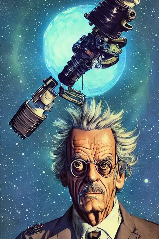 Image similar to Christopher Lloyd as Rick Sanchez, science fiction, retro cover, high details, intricate details, by vincent di fate, artgerm julie bell beeple, 60s, inking, vintage 60s print, screen print