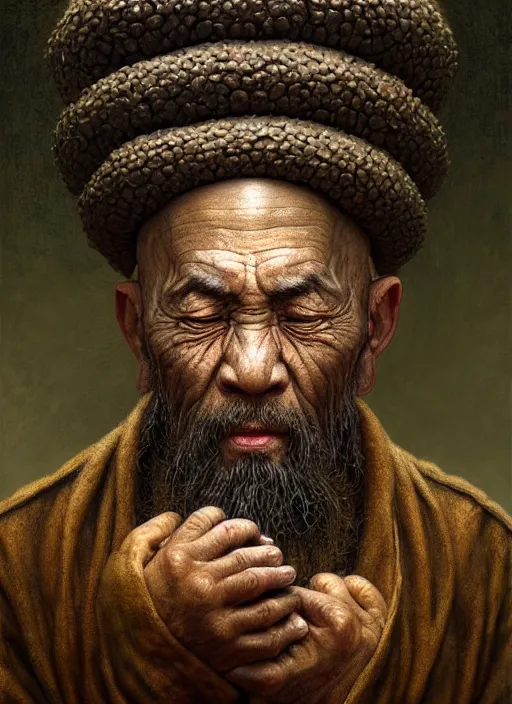 Prompt: monk with roots all over his face and a bonsai hat, intricate, rim light, extremly detailed digital painting, by tomasz alen kopera, james jean and fenghua zhong, highly detailed, art, cinematic lighting, very coherent, hyper realism, high detail, 8 k