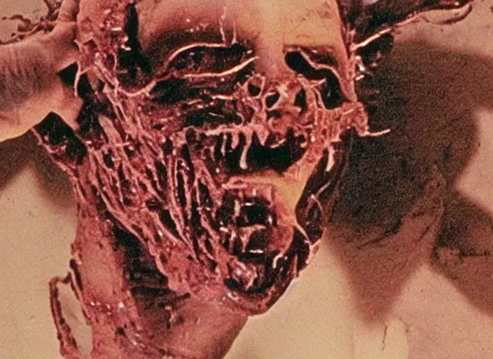 Image similar to disturbing vhs footage of exploded head crooked teeth blood horror practical fx by david cronenberg 1 9 7 0