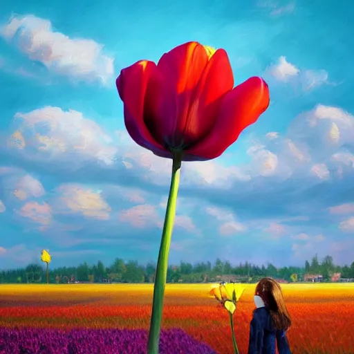 Image similar to girl with a single giant tulip as a head, surreal photography, flower field, sunset dramatic light, impressionist painting, colorful clouds, blue sky, digital painting, artstation, simon stalenhag