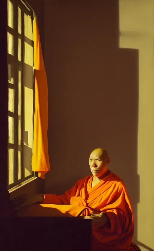 Image similar to portrait of a blind monk in a spaceship, looking out the window, orange robe, dramatic lighting, artstation, matte painting, johannes vermeer