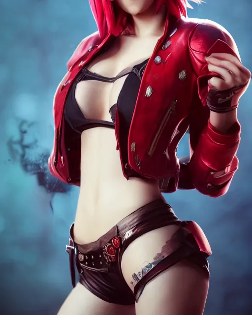 Image similar to a girl with short red hair, cool, vi from arcane, league of legends, fighter, cool red jacket, tattoo, beautiful, 3 d, potrait, art staion, studio light, closeup shot, octane render, wlop