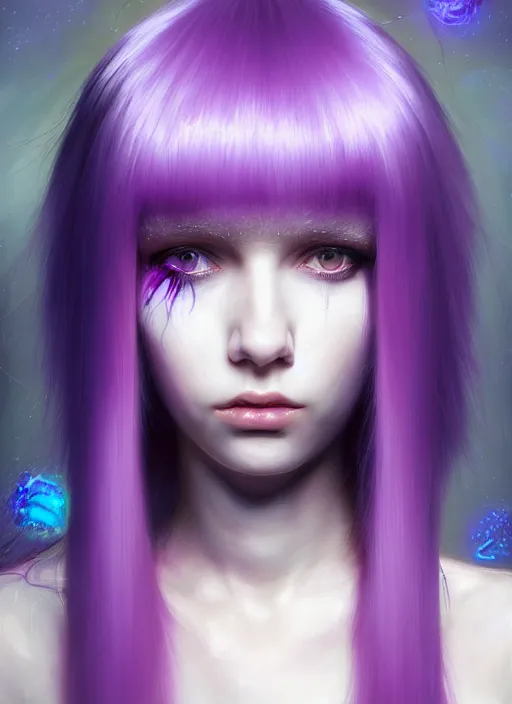 Image similar to hair whitebangs hair, black cyberlox, portrait of normal teenage girl, white bangs, messy bangs, fluffy bangs, cyberlox, whitebangs, red irises, purple background, intricate, elegant, highly detailed, digital painting, artstation, concept art, sharp focus, smooth, illustration, art by wlop, mars ravelo and greg rutkowski