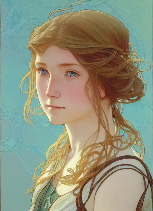 Image similar to pretty young man with shoulder length blond hair, half body shot, path traced, highly detailed, high quality, digital painting, by studio ghibli and alphonse mucha, leesha hannigan, hidari, disney, jules bastien - lepage, art nouveau, android jones, andreas rocha, conrad roset