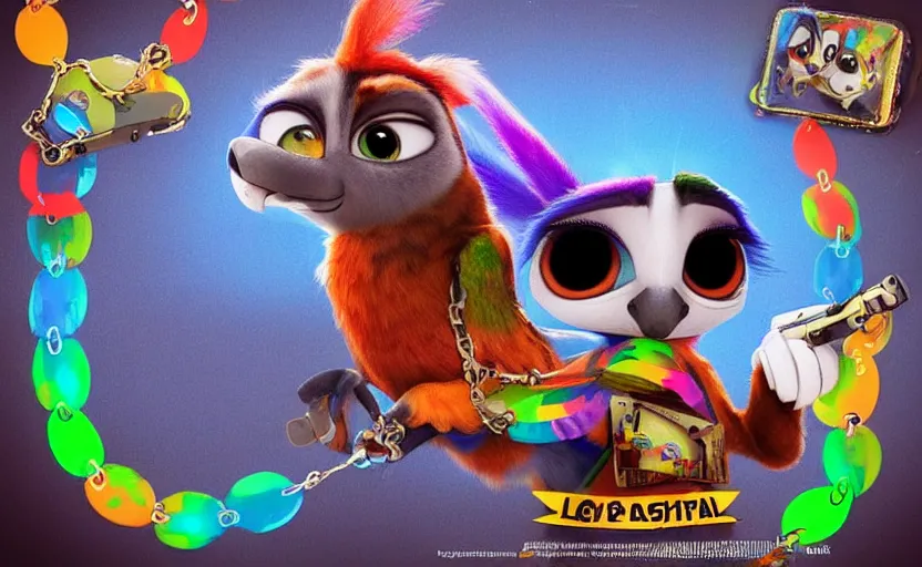 Image similar to “ one cute parrot with very big eyes, wearing a bandana and chain, holding a laser gun, standing on a desk, digital art, award winning, in the style of the movie zootopia ”