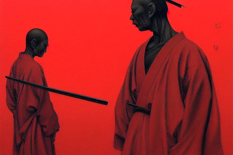 Image similar to only with red, a red samurai harakiri, tokio, a lot of frogs watch, in the style of beksinski, parts by edward hopper, parts by rodcenko, parts by yue minjun, intricate and epic composition, red by caravaggio, insanely quality, highly detailed, masterpiece, red light, artstation, 4 k