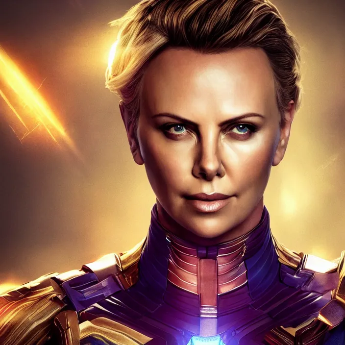 Image similar to portrait of ((Charlize Theron)), wearing The Infinity Gauntlet. SNAP. intricate artwork. octane render, trending on artstation, very coherent symmetrical artwork. thanos. avengers. marvel. cinematic, hyper realism, high detail, octane render, 8k, iridescent accents