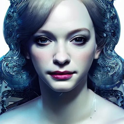 Prompt: the portrait of an absurdly beautiful christina hendricks, graceful, elegant, sophisticated, fashionable cyberpunk gravure idol, an ultrafine hyperdetailed illustration by kim jung gi, irakli nadar, intricate linework, bright colors, porcelain skin, unreal engine 5 highly rendered, cgsociety, global illumination, radiant light, detailed and intricate environment