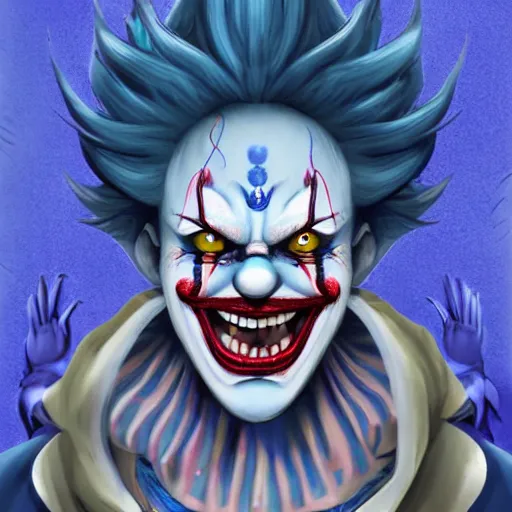 Image similar to 4K headshot of godlike clown with blue skin with defined arms and open hands and bloody clothes with giant mandala wings , white intricate scary clown makeup , flawless anime cel animation by Kentaro Miura, psychedelic , highly detailed upper body , professionally post-processed , beautiful, scary, symmetry accurate features, epic, octane rendered, anime masterpiece, accurate