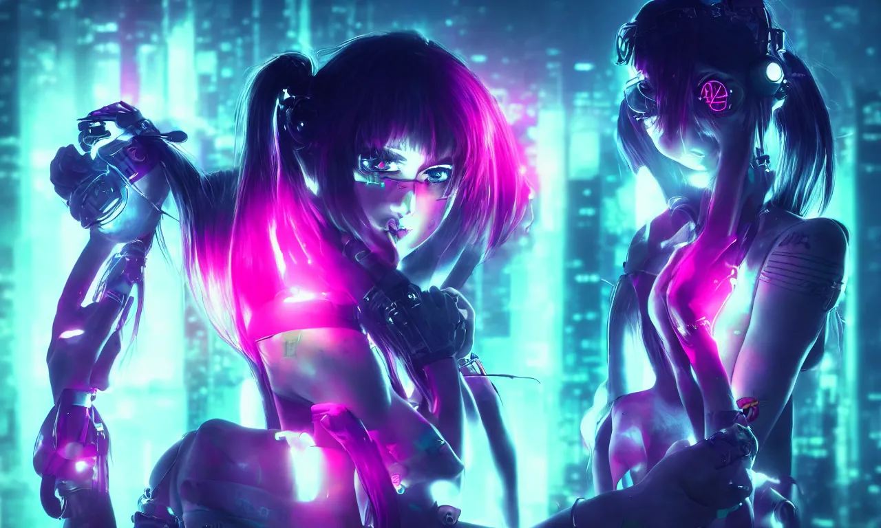 Image similar to neon cyberpunk sailor moon with arm tattoos, 1 / 4 headshot, cinematic lighting, dystopian scifi gear, gloomy, profile picture,