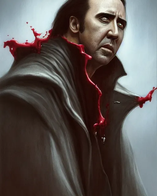 Image similar to nicolas cage as dracula, drink blood, highly detailed, centered, artstation, concept art, smooth, sharp focus, illustration, bokeh art by artgerm and donato giancola and joseph christian leyendecker zdzisław beksinski