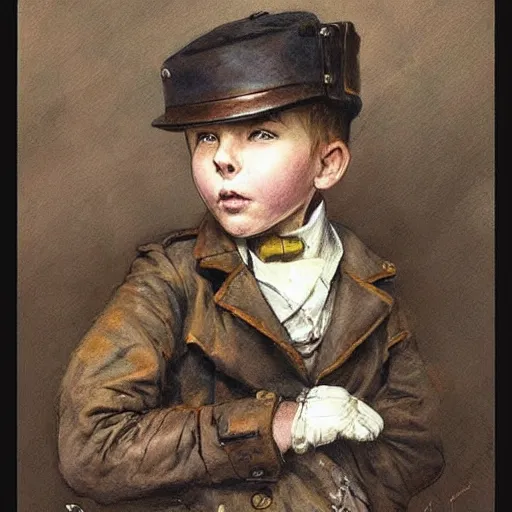 Image similar to by Jean-Baptiste Monge !!!!!!!!!!!!!!!!!!!!!!!!!!!!!!!!!!!!! (((((((((((((portrait of boy dressed as steampunk detective wearing leather gloves . muted colors.)))))))))))))